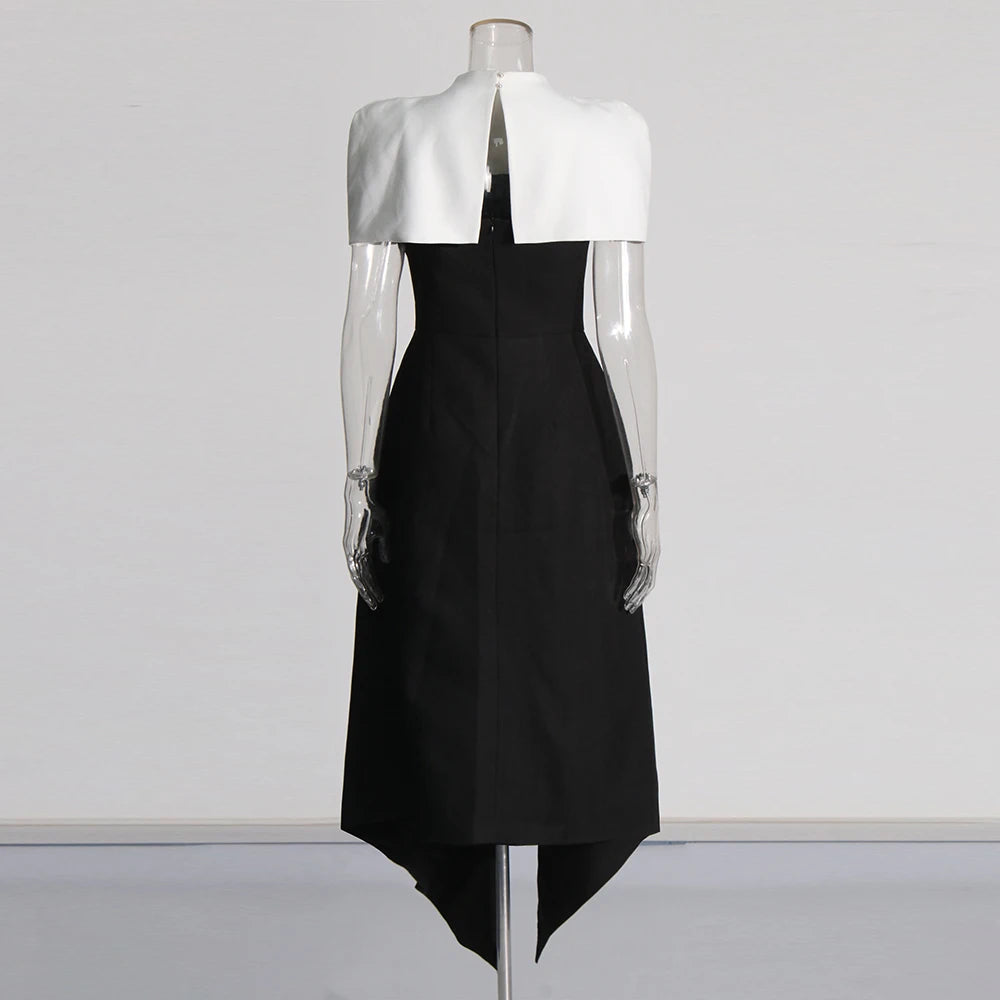 TWOTWINSTYLE Detachable Cloak Elegant Dresses For Women Square Collar Sleeveless High Waist Hit Color Split Dress Female Fashion