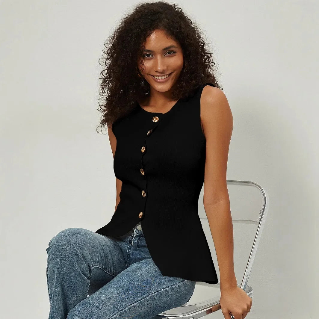 Slim Fit Knitted Vest Single Button Women's Style Cross-Border Clothing Crew Neck Tank Top Fashionable And Stylish