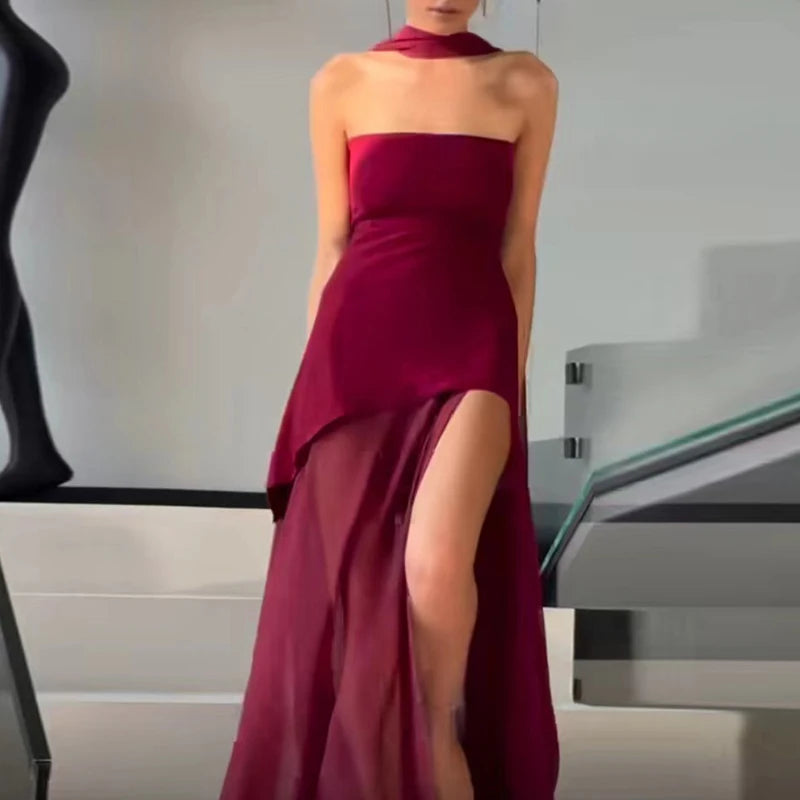 Casual Mesh Patchwork Women's Long Dress Fashion Strapless Split Banquet Dress 2025 Spring Summer Elegant Solid Holiday Dresses