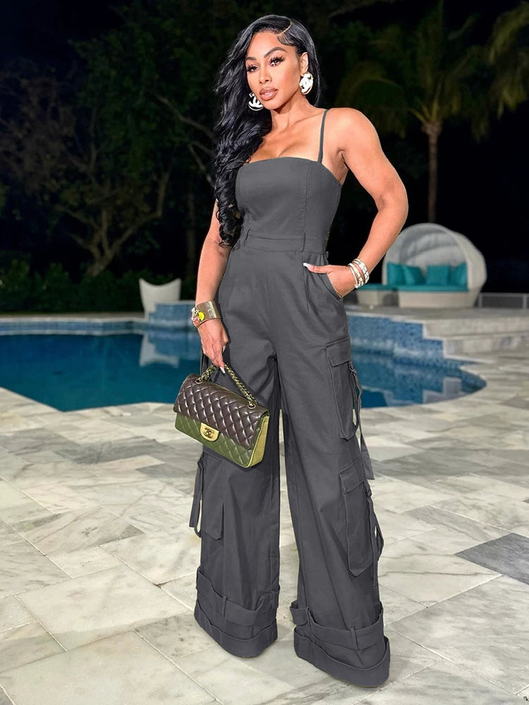Fashion Multi Pocket Cargo Pants Wide Leg Jumpsuit Rompers Women Khaki Spaghetti Strap Backless One Piece Overalls Streetwear