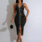 New Sexy Diamonds Halter Black Party Bodycon Midi Dress Women Sleeveless Backless Front Split Birthday Night Prom Club Vestidos