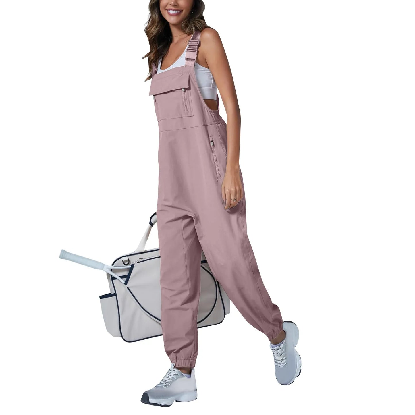 Women'S Jumpsuits Summer Fashion Casual Loose Wide Leg Jumpsuits Solid Color Insert Pockets Retro Button Strap Jumpsuits