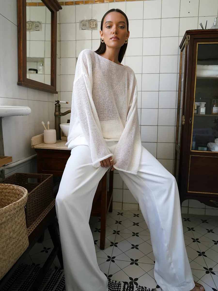 Original Fashion Hollow Out Knit Shirt Spring And Summer Women's Perspective Thin O-Neck Loose Elastic Long Sleeve Knit T-shirt