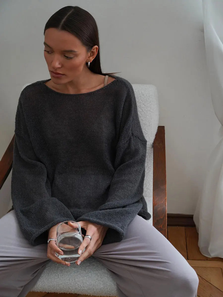 Original Fashion Hollow Out Knit Shirt Spring And Summer Women's Perspective Thin O-Neck Loose Elastic Long Sleeve Knit T-shirt