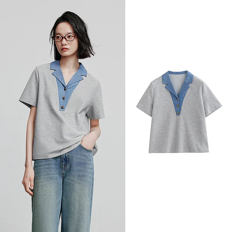 TOYOUTH Women Contrasting Colors POLO Collar T-shirt 2025 Summer New Short Sleeved Top