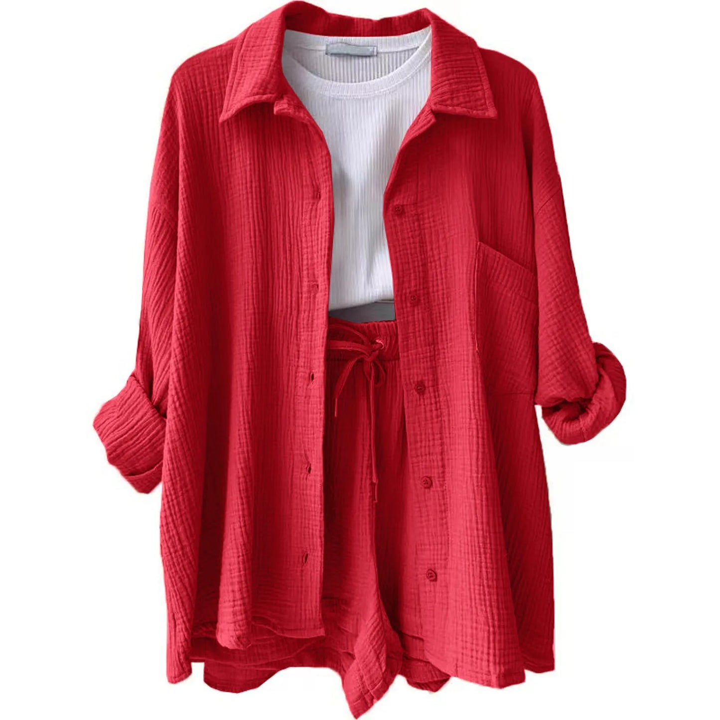 Summer Cotton Linen High Waist Shirt Shorts Women Turn Down Collar Long Sleeve Tops and Shorts Suit Cotton Casual Two Piece Sets