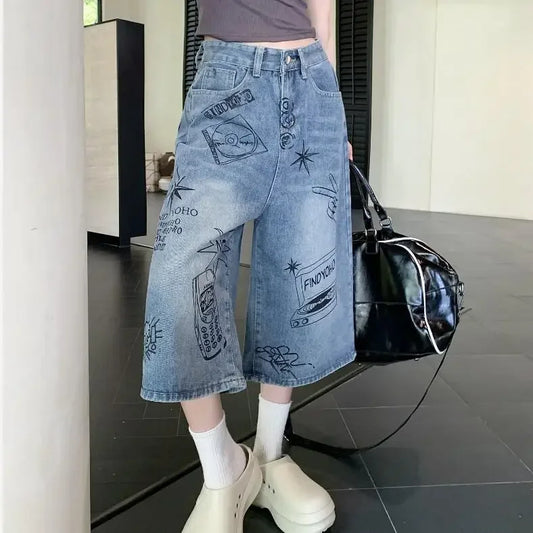 American Style Retro Street Women's Mid-Length Jeans Graffiti Design Loose Straight Cut Shorts Casual Fashionable Denim Shorts