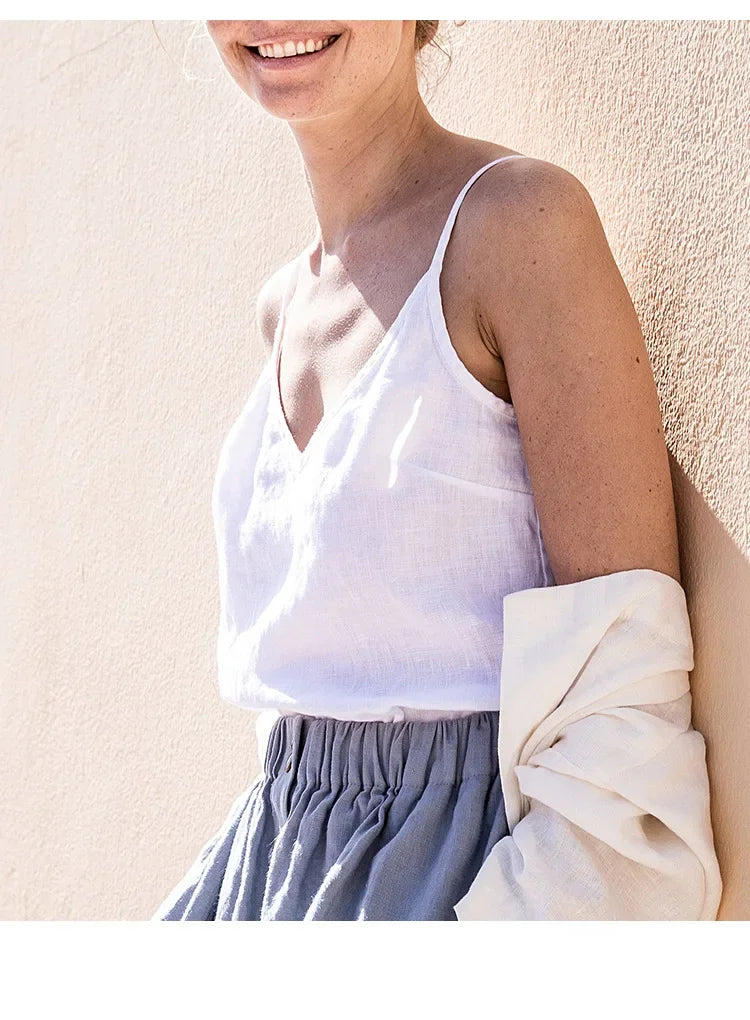 Pure Color Cotton Linen Sleeveless V-Neck Women's Tank Top Loose Fit Simple Style Outerwear Casual Comfortable Vest