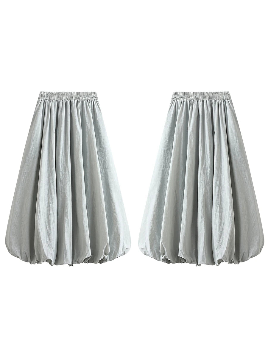 Combhasaki Women's Elegant Elastic High Waist Solid Color A-Line Pleated Puffball Hem Casual Flowy Balloon Bud Midi Skirts