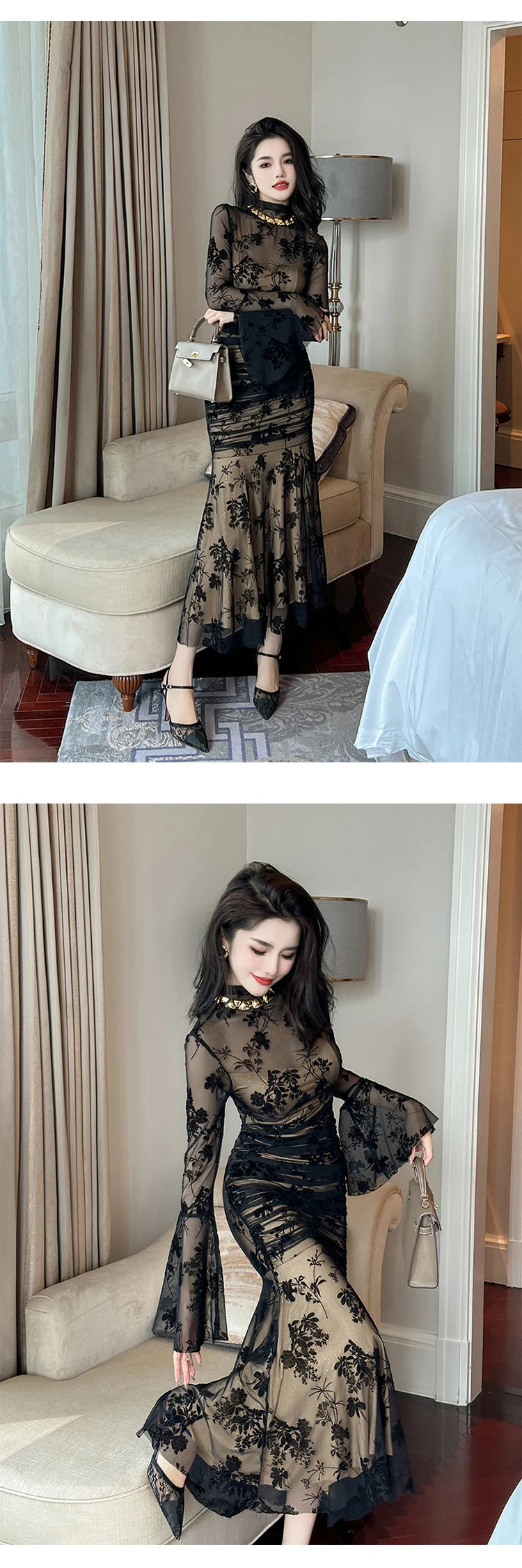 French Elegant Prom Dresses Woman Retro Black Perspective Elastic Mesh Folds Wrap Hip Slit Fishtail Robe Female Party Vestidos