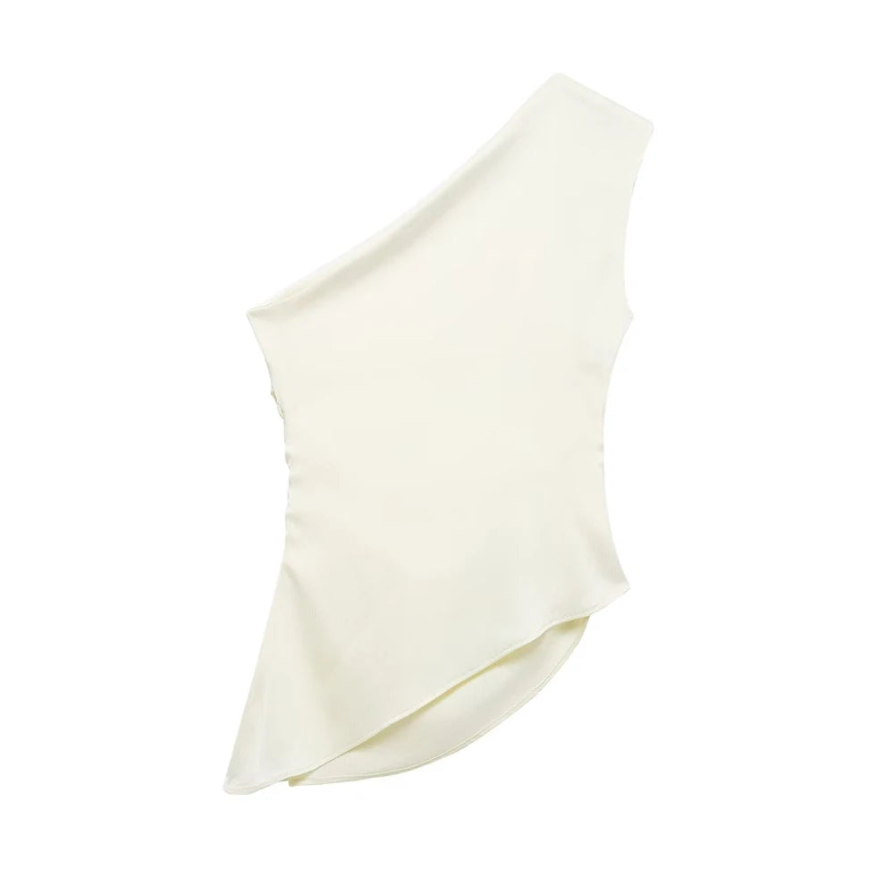TRZA Women's Asymmetric Draped Blouse One Shoulder Side Zipper Chic Fashion Top Female Shirt