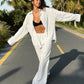 Bornladies Cotton Casual Pants Sets Women's Solid Color Cozy Lapel Long Sleeve Shirt Summer Outfit Elastic Waist Pants Suits