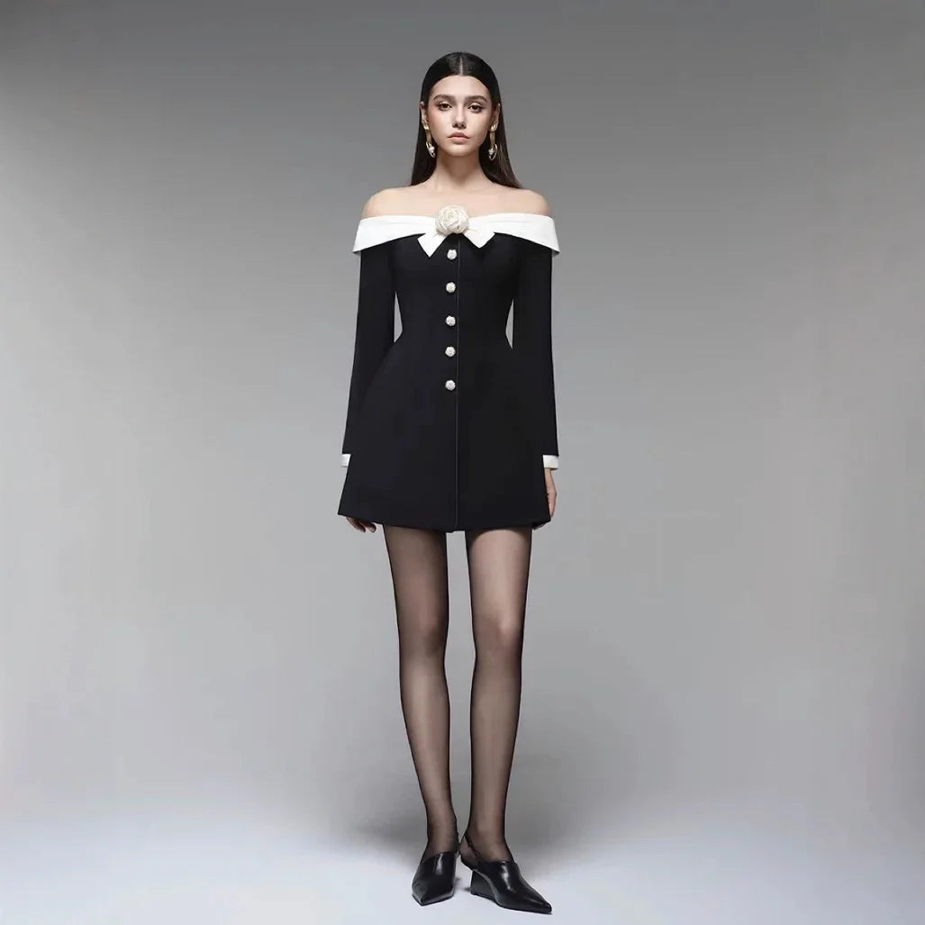 Preorder Hepburn Style Spliced Mini Black Dress French Noble One Shoulder Suit Dress A- Line Skirt Women Polyester Fiber Full Sl