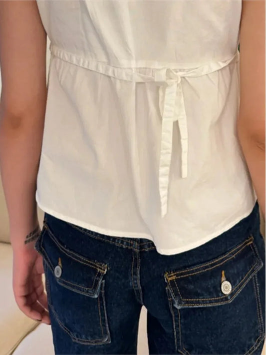 2024 New White Lace Tied Square Neck Summer T-shirts Chic Elegant Short Sleeve Tee Cotton Y2K Street Casual Bow Tie-up Top Women