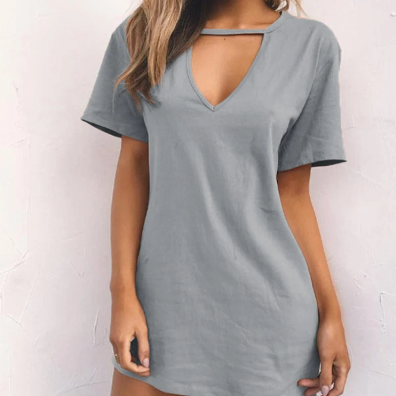 Summer Sexy Mini Black Dress 2025 V Neck Cut Out Loose Dress Women Elegant Short Sleeve Club Party Dress Solid Color Streetwear