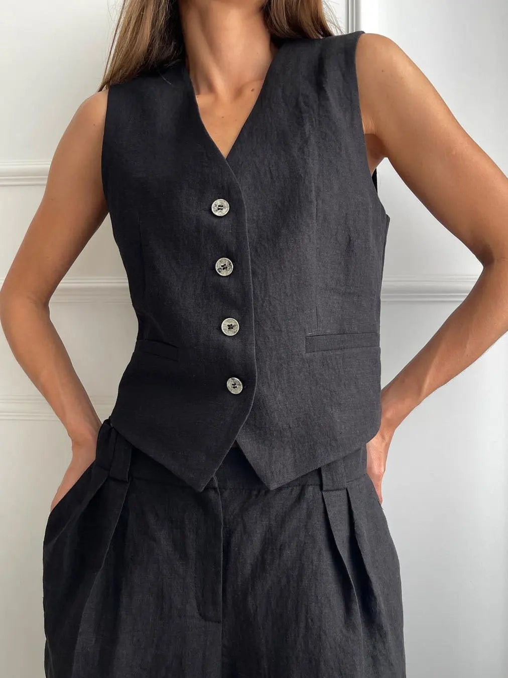 Cotton Linen Blend Vest Wide Leg Pants Suit Spring and Summer Women's Casual Fashion Sleeveless Vest Pleated Low Waist Pants Set