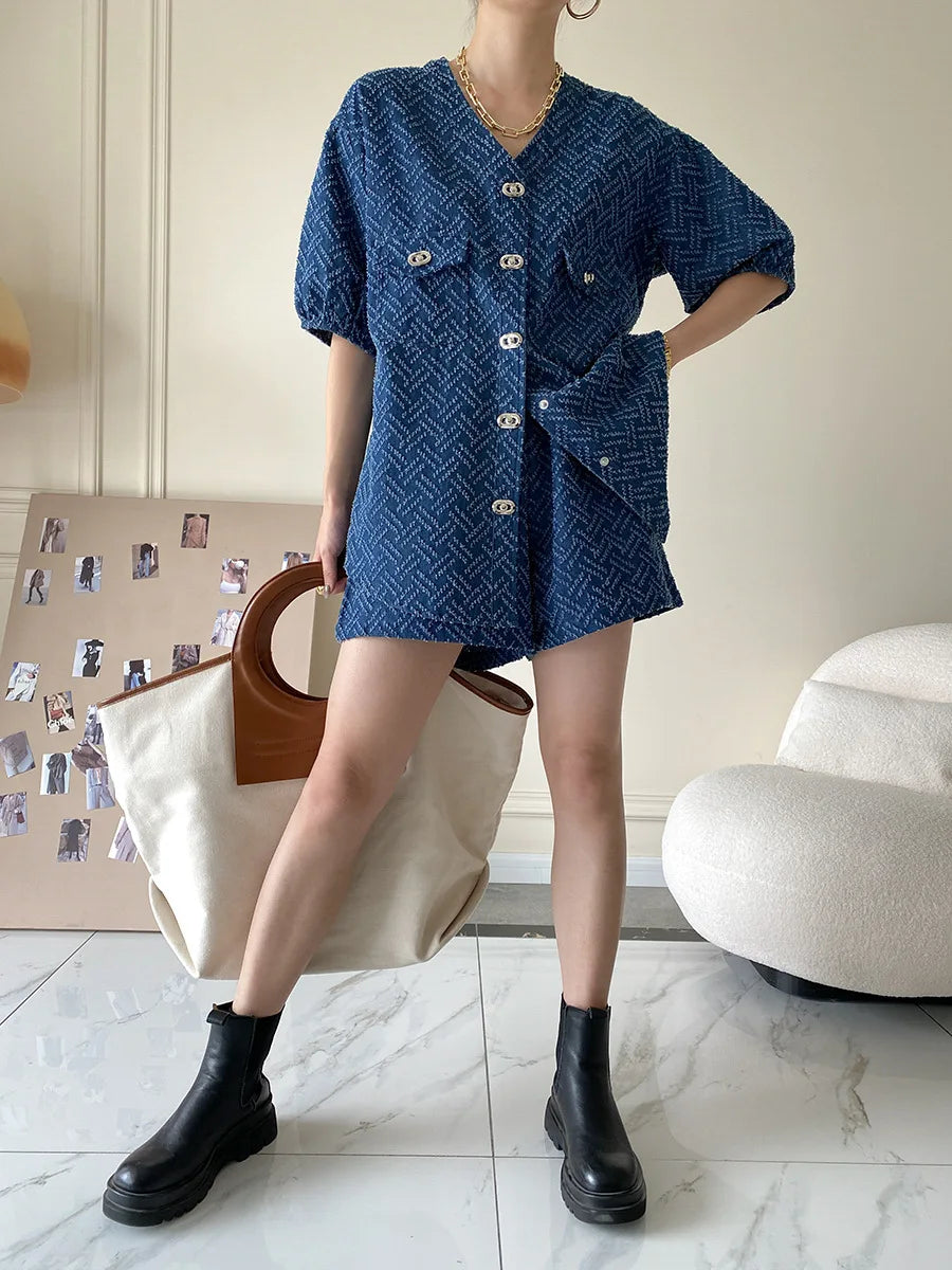 Women's Denim Short Sleeve Top and Shorts Two Piece Suit French Fashion Spring Summer Cowgirl Top Streetwear Korean Leisure New