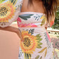 Fashion Square Collar Printed Long Dress Women Elegant Casual Short Puff Sleeved Dresses 2024 Summer Chic Female Vacation Robes