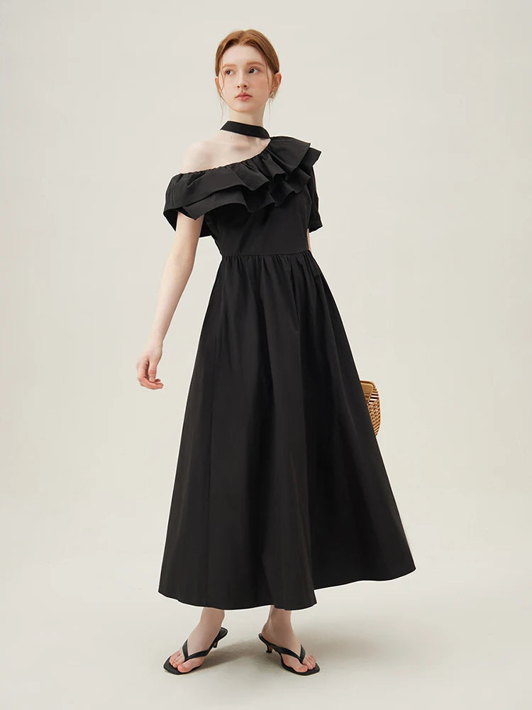 FSLE Black Women Dress 100% Cotton Ankle-Length Women Summer Dress One-shoulder Sleeve Ruffled Pink Maxi Dress 24FS18015