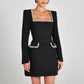 Talenza Long Sleeve Tweed Dress Women's Elegant Square Neck Luxury Party Evening Gown Retro Slim Patchwork Short Dress Vestido