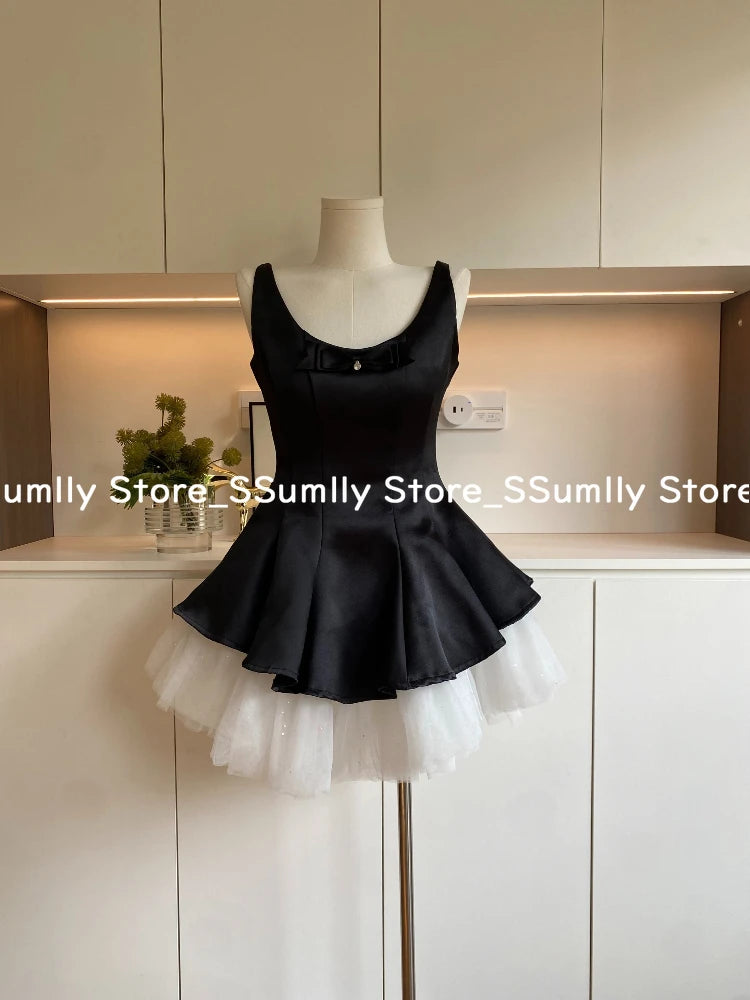 French Elegant Princess Style Slim Dress Women Mesh Black White Contrasting Puffy Dresses Summer Hepburn Chic Party Clothes 2025
