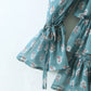 2022 Women Sexy Cross Bandage Black Flower Print Puff Long Sleeve Dress 3 layer Wood Ears Ruffles Hem Cake Mini Holiday Robe