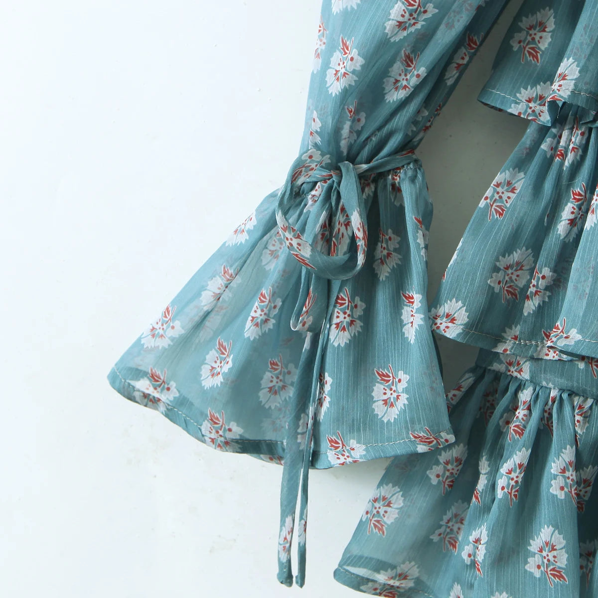 2022 Women Sexy Cross Bandage Black Flower Print Puff Long Sleeve Dress 3 layer Wood Ears Ruffles Hem Cake Mini Holiday Robe