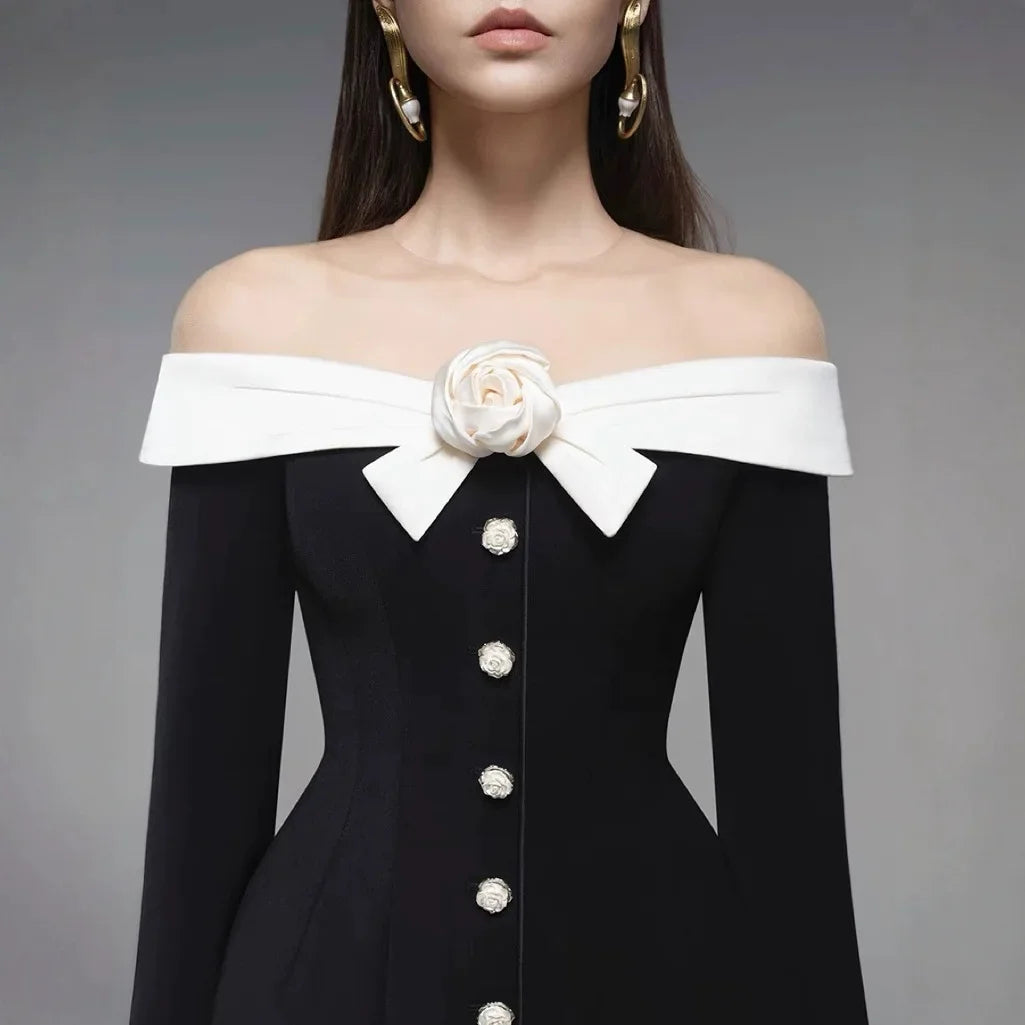 Preorder Hepburn Style Spliced Mini Black Dress French Noble One Shoulder Suit Dress A- Line Skirt Women Polyester Fiber Full Sl