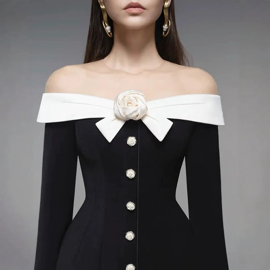 Preorder Hepburn Style Spliced Mini Black Dress French Noble One Shoulder Suit Dress A- Line Skirt Women Polyester Fiber Full Sl