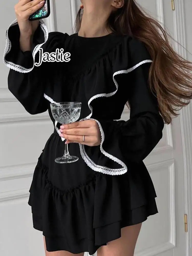 Jastie 2023 Autumn New Women's Dress Round Neck Long Bell Sleeve Ruffle Dresses Women's Temperament Design Short Black Dress