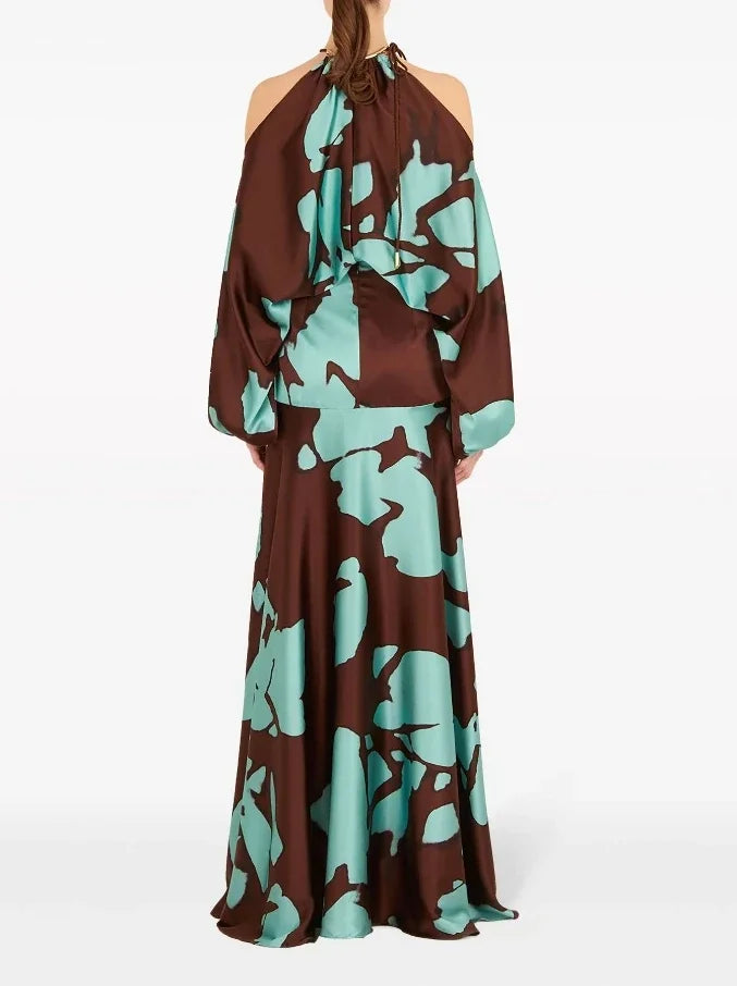 Evening Dresses  Vacation Style Elegant Socialite Printed Off Shoulder Slit Dress