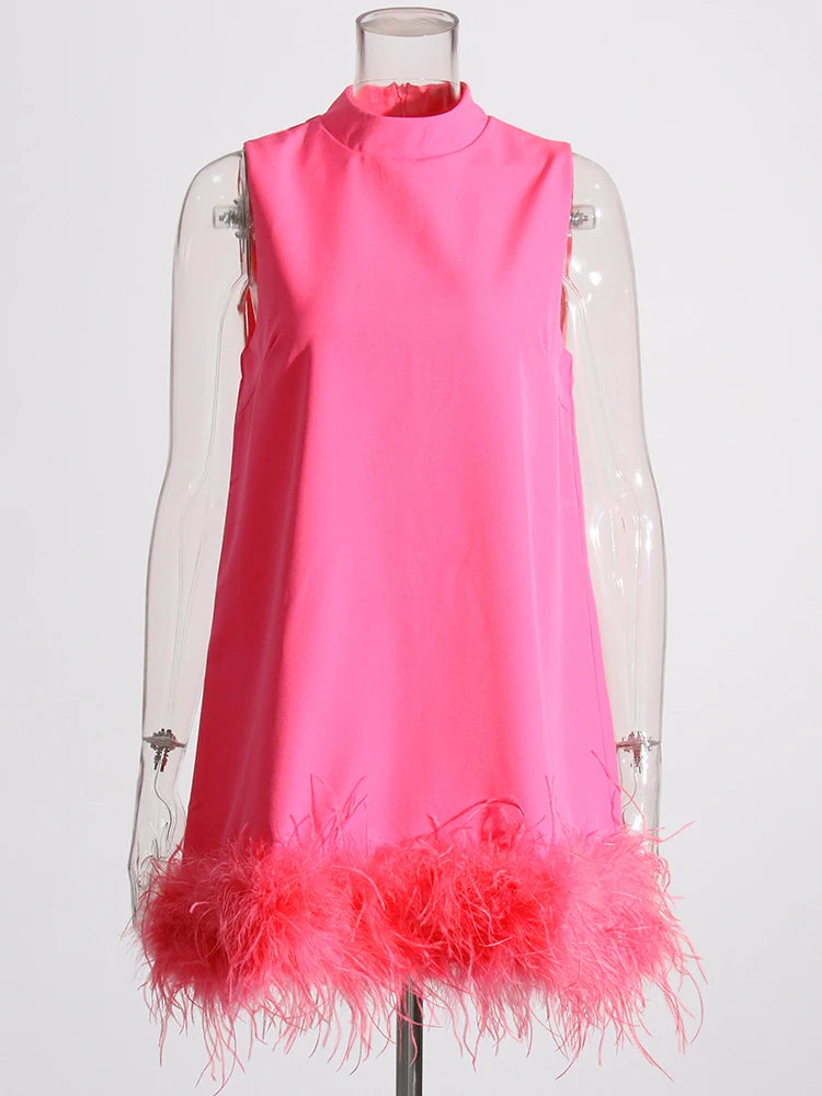 TWOTWINSTYLE Feather Fur Dress For Women O Neck Sleeveless Loose Tassel A Line Dresses Female Streetwear 2022 Summer Fashion New