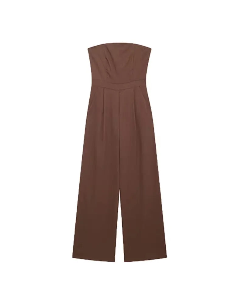 TRZA-Strapless Linen Jumpsuits for Women, Straight Neck, Back Zipper, Female Playsuits, Chic Fashion