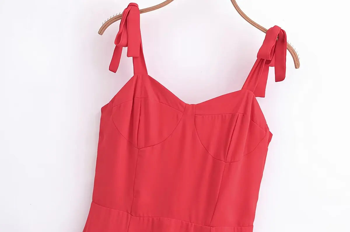 French Red Holiday Party Sling Summer Dress For Women Bow Shoulder A-line Slim Midi Chiffon Dresses