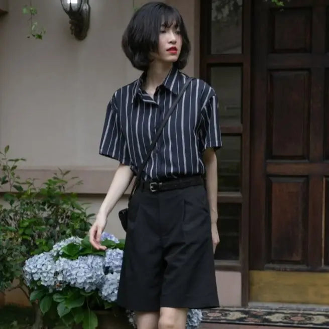 XEJ Elegant and Youth Woman Blouses Short Sleeve Striped Shirt British Style Summer Shirts for Women Fashion Retro Shirt
