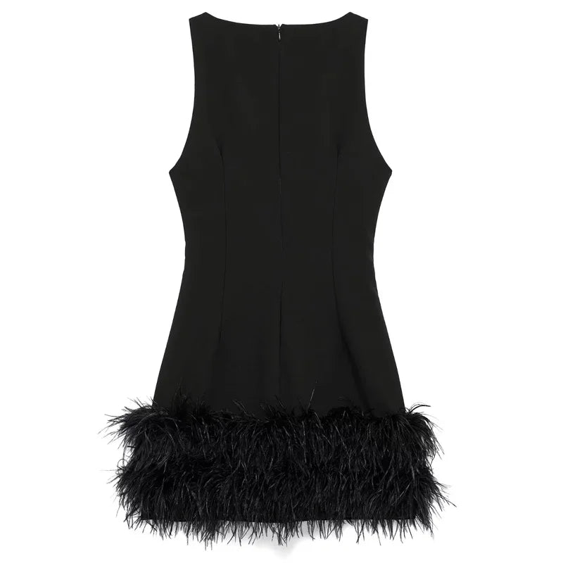 TRAF Women's Dress Feathers Sleeveless Mini Dress Elegant Black Short Dresses Bodycon Party Dresses Woman Vest Christmas Dress