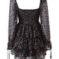 2022 Women Sexy Cross Bandage Black Flower Print Puff Long Sleeve Dress 3 layer Wood Ears Ruffles Hem Cake Mini Holiday Robe