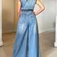 Vintage Loose Denim Wide Leg Pants Jumpsuit Women Pocket Sleeveless Single Breasted Baggy Jean One Piece Rompers Street Overalls