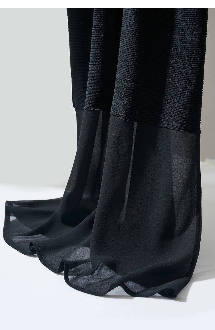 Amii Minimalism 2024 Women's Knitted Dresses Summer New V-neck Spliced Chiffon Short-sleeve Female Slim Fishtail Dress 12442152