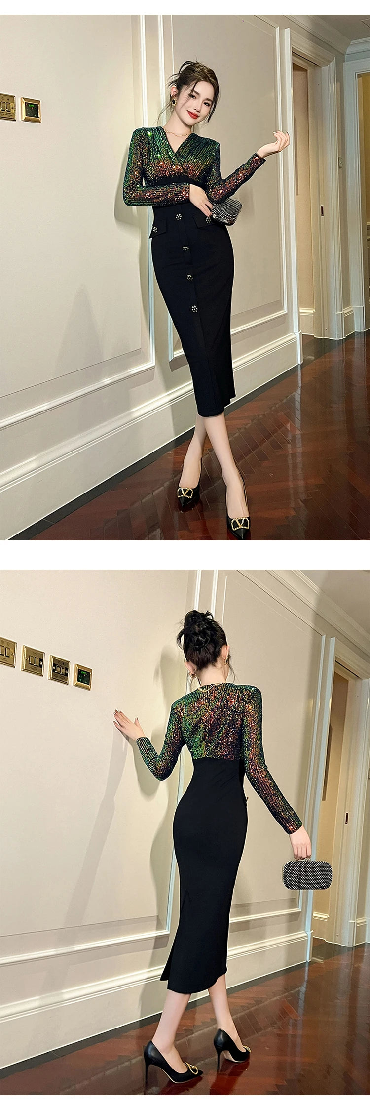 Luxury Elegant Annual Party Dress Women French Colorful Sequins Black Bodycon Single Breasted Robe Femme Banquet Prom Vestidos