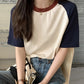 AOSSVIAO Summer Tops for Women Tshirt Turn Down Collar Short Sleeve Beige Blue Chic Y2k Fashion Patchwork 2025 T Shirts