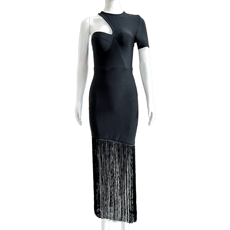 Wholesale Women's Black White Short Sleeve Tassel Tight Sexy Evening Celebrity Cocktail Party Bandag Long Dress