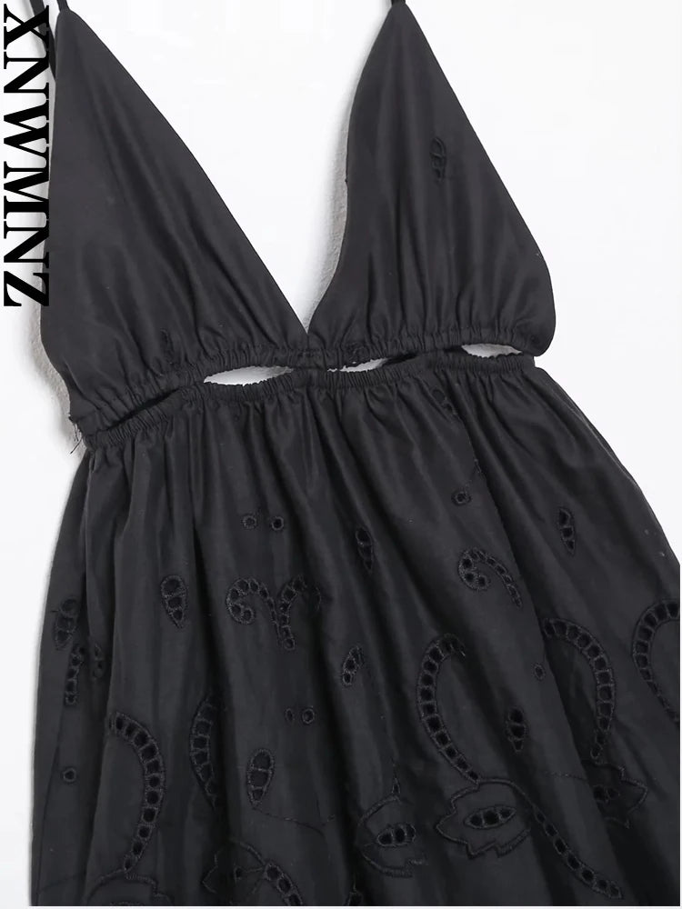 XNWMNZ 2024 Women Fashion Hollow out Embroidery Dress Vacation V-Neck Thin Strap Open Back Female Chic Mini Dresses