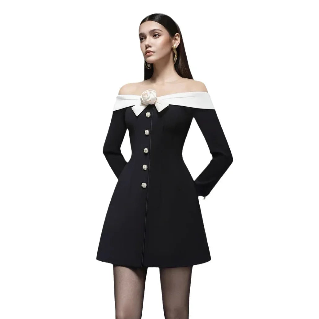 Preorder Hepburn Style Spliced Mini Black Dress French Noble One Shoulder Suit Dress A- Line Skirt Women Polyester Fiber Full Sl