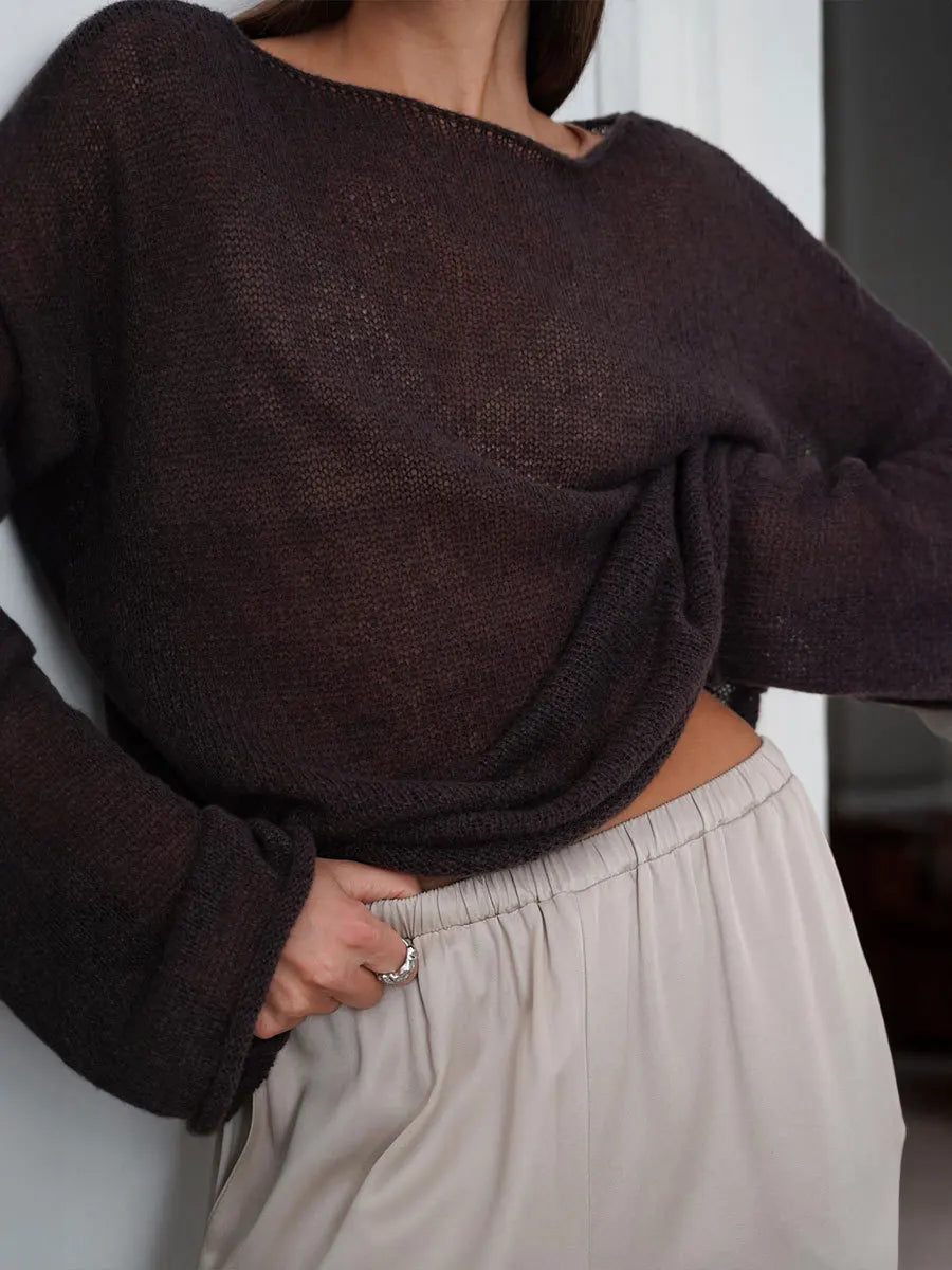 Original Fashion Hollow Out Knit Shirt Spring And Summer Women's Perspective Thin O-Neck Loose Elastic Long Sleeve Knit T-shirt