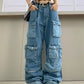 Trendy Women's Denim Workwear | Street Style Black & Grey Multi-Pocket Jeans | American Casual High-Waist Functional Design
