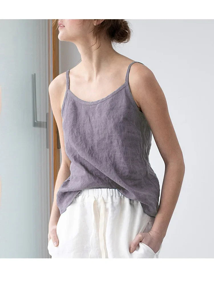Pure Color Cotton Linen Sleeveless V-Neck Women's Tank Top Loose Fit Simple Style Outerwear Casual Comfortable Vest