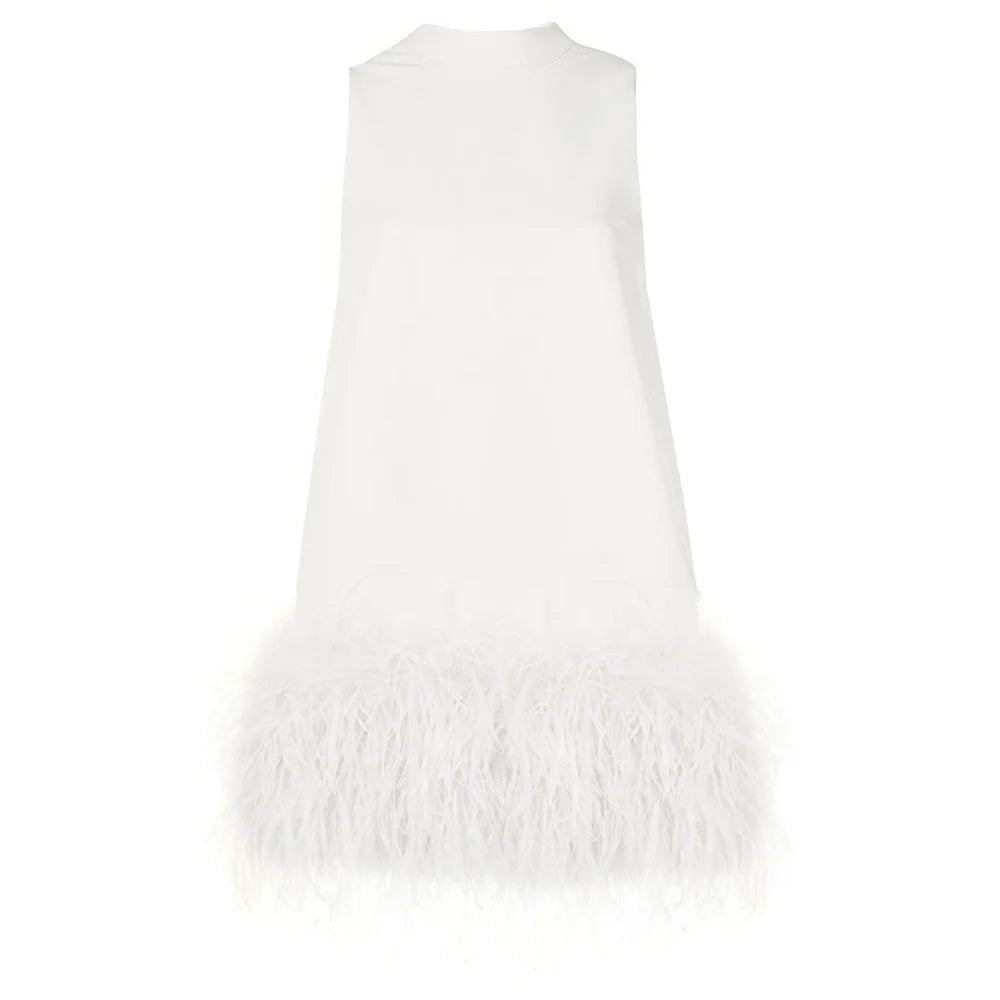 TWOTWINSTYLE Feather Fur Dress For Women O Neck Sleeveless Loose Tassel A Line Dresses Female Streetwear 2022 Summer Fashion New