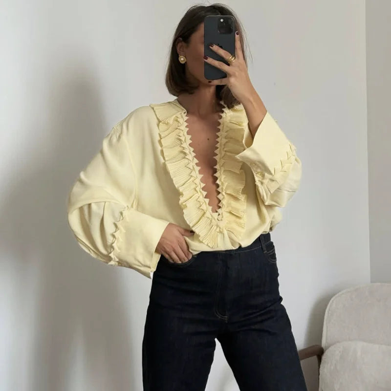 Talenza Casual Chiffon Shirt Women Fashion Pleated Lace-up Solid Lace Top Summer Vacation Loose Vintage Elegant  Female Blouses