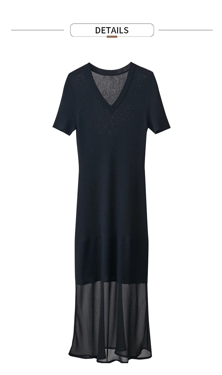 Amii Minimalism 2024 Women's Knitted Dresses Summer New V-neck Spliced Chiffon Short-sleeve Female Slim Fishtail Dress 12442152